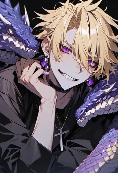 solo, handsome, 
1. male,
hair between eyes,Straight Hair,short Hair, 
blonde hair, 
Gojo Satoru,
purple Eyes,Soft look,beautiful,Sexy,Darkness,
Lots of silver earrings,choker,doragon skin,
Dragon Scale,,Jagged teeth,Cheek resting on hand,
Black long sleev...