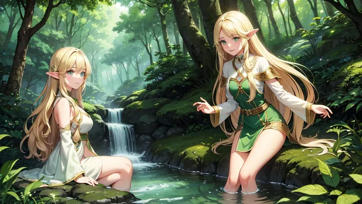 Top quality, masterpiece, 1 person, elven female, blonde, long hair, emerald gemstone eyes, Gwaiz style, beautiful dappled sunlight filtering through the trees, tranquil forest scene, cute, splashing around in a stream running through the forest, older sis...