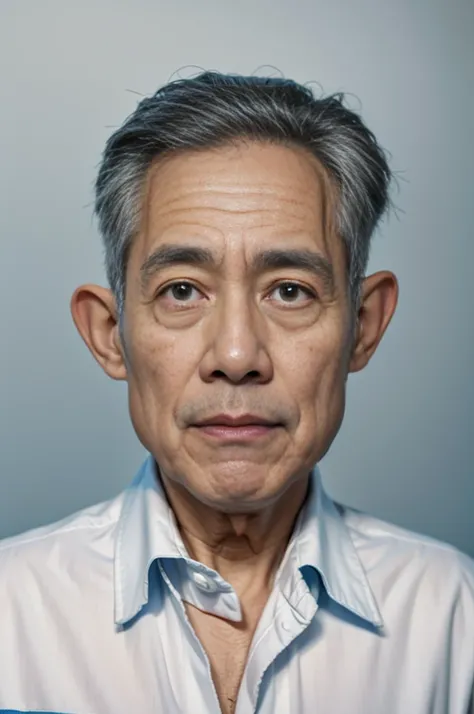 Highly realistic photo, ((masterpiece), (best quality), (raw photo), (photorealistic:1.4), Portrait of Vietnamese old man, 85 years old, ((gray hair)), ((white shirt)), ((light blue background)), photo taken by Sony A7IV
