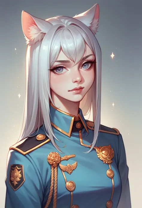 Realistic long silver hair、A beautiful girl in a uniform with cat ears