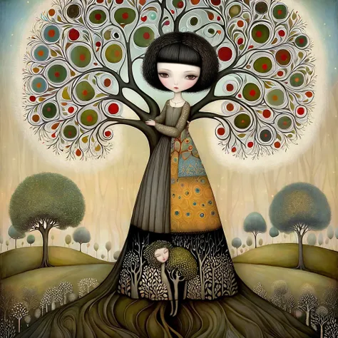 intricate patchwork dress, woman with short black hair, long wide skirt, hugging a tree, European style, Klimt, Nicoletta Ceccoli, Catrin Welz-Stein, Lawrence Didier, Leonora Carrington, highly detailed, photorealistic, 8K, intricate patterns, ornate desig...