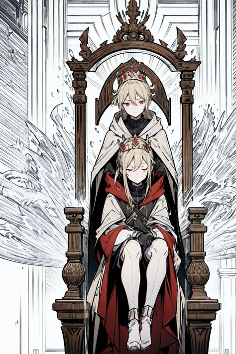 one person, Tall, tannish, male, equipped with battle suit, covered by aqua cloak, blonde hair in manbun, red eyes, handsome, hood covering face, sitting on throne, with a sleek crown on, closed eyes with a sigh.