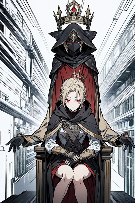 one person, Tall, tannish, male, equipped with battle suit, covered by aqua cloak, blonde hair in manbun, red eyes, handsome, hood covering face, sitting on throne, with a sleek crown on, closed eyes with a sigh.