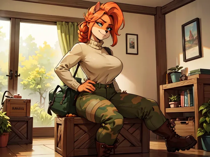 (best quality,4k,8k,highres,masterpiece:1.2),ultra-detailed,realistic:1.37,portrait,anthro bandicoot girl redhead, braided hair, beautiful green eyes, relaxing moment, sexy ,seductive, warm sweater, camouflage pants, army boots, smirking, cozy lighting, vi...