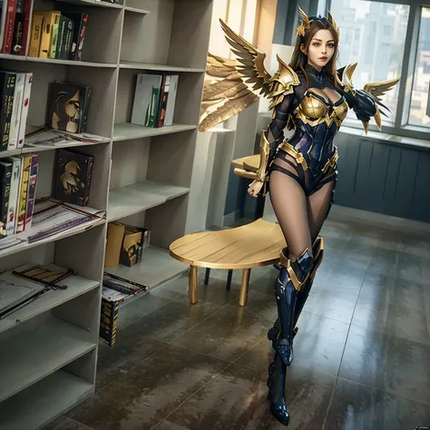 a woman in a gold and black outfit with wings, angel knight woman, angel in plastic armor, angelic golden armor, angel knight go...