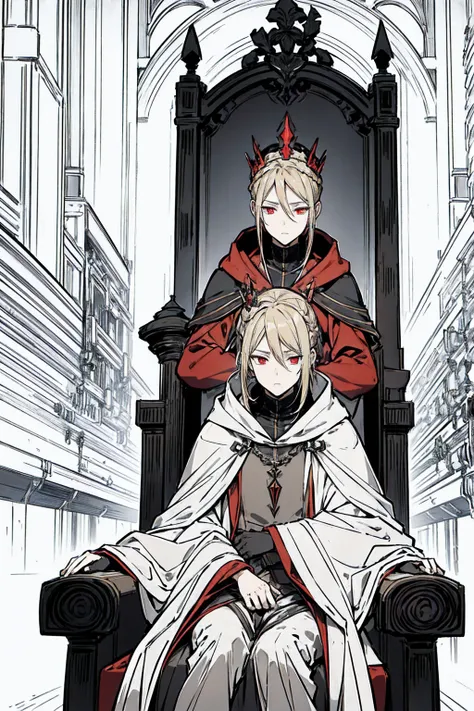 Tall, tannish, male, equipped with battle suit, covered by aqua cloak, blonde hair in manbun, red eyes, handsome, hood covering face, sitting on throne, with a sleek crown on, closed eyes with a sigh, masculine.