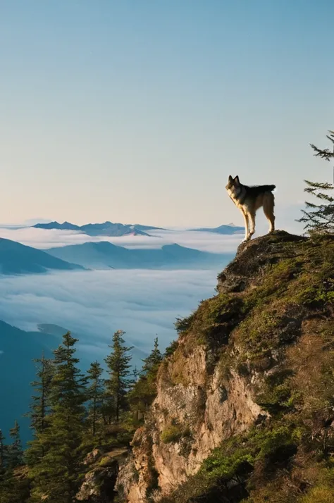 in this composite image，a tall wolf stands on the top of a steep mountain，ang xiao。its posture is upright，thick and shiny hair，t...