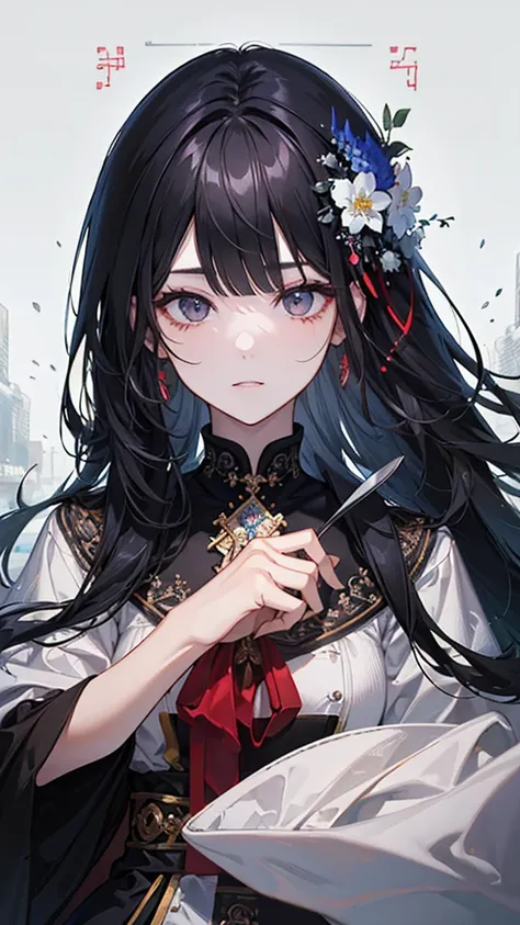 ((Highest quality)), ((masterpiece)), (detailed), Perfect Face、
Her long black hair flowed down to her shoulders.、Fair skin　Bangs　Eating pudding
