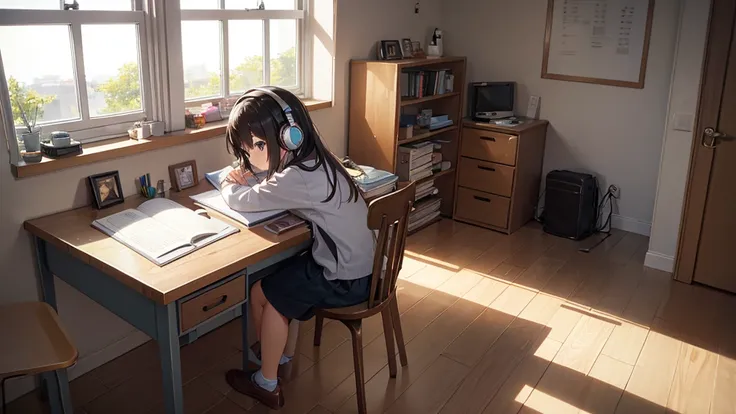 morning、Inside the room、Sunshine outside the window、Young girl、Wearing headphones、Concentrate and study at your desk、Notebook on desk、coffee、smartphone、Side view