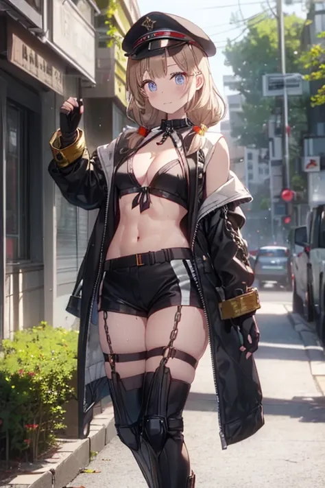 (small breasts:1.2), (perky chest:1.2), (pointed chest:1.2), dark bronde hair,long hair,side ponytail,hair between eyes,bangs, BREAK (beret, black jacket, open clothes, cleavage, midriff, black shorts, black thighhighs, thigh strap, fingerless gloves, sing...