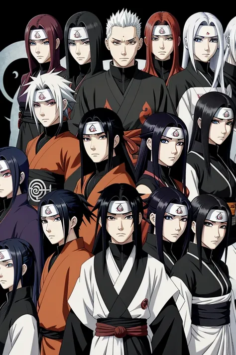 Design a vibrant and dynamic tattoo with the members of the Akatsuki organization from Naruto. Includes Itachi Uchiha, Kisame Hoshigaki, Deidara, Sasori, Hidan, Kakuzu, Pain (Nagato), The woman, Zetsu y Tobi. Characters should be represented in a slightly ...