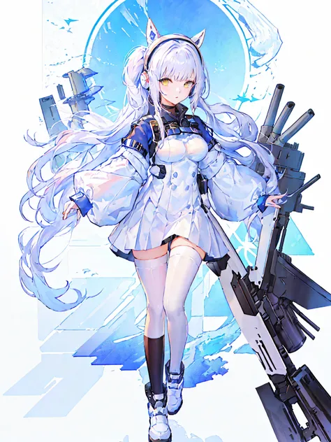 An anime character wearing white and blue clothes and accompanied by a black cat, Azur Lane Style, Live2D Virtual Youtuber Model, from Arknights, From the Azur Lane video game, Azur Lane Characters, Girls Frontline Style, From Girls Frontline, White Cyan, ...