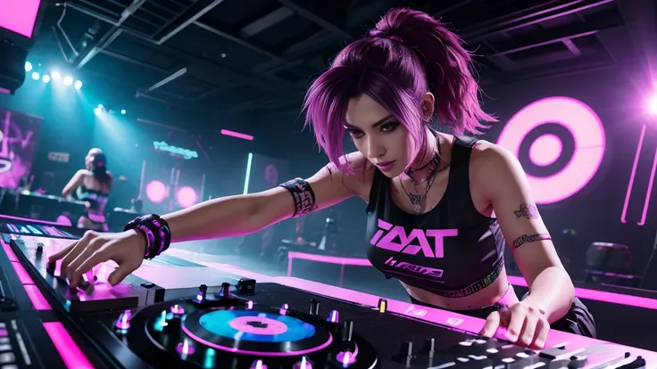 arafed woman in a black top and pink shorts playing a game of dj, cyber punk setting, raver girl, rave girl, dj rave party, dj at a nightclub dancing inspired, playing techno house music, turntablism dj scratching, cyberpunk 2 0 y. o model girl, rave outfi...