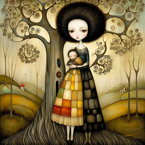 Patchwork by Klimt, Nicoletta Ceccoli, Naoto Hattori, Lawrence Didier, Leonora Carrington of European Woman with short black hair and a long, wide skirt, hugs a tree