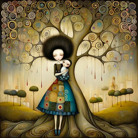 Patchwork by Klimt, Nicoletta Ceccoli, Naoto Hattori, Lawrence Didier, Leonora Carrington of European Woman with short black hair and a long, wide skirt, hugs a tree