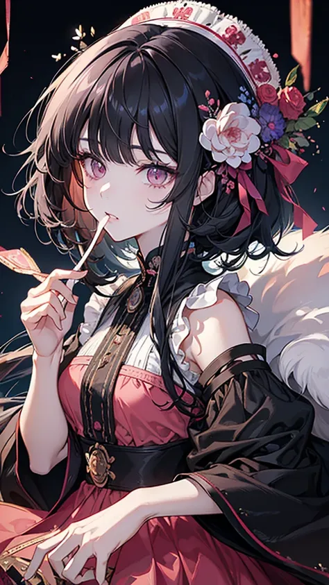 ((Highest quality)), ((masterpiece)), (detailed), Perfect Face、
Her long black hair flowed down to her shoulders.、Fair skin　Bangs　Eating pudding　Pink eyes
