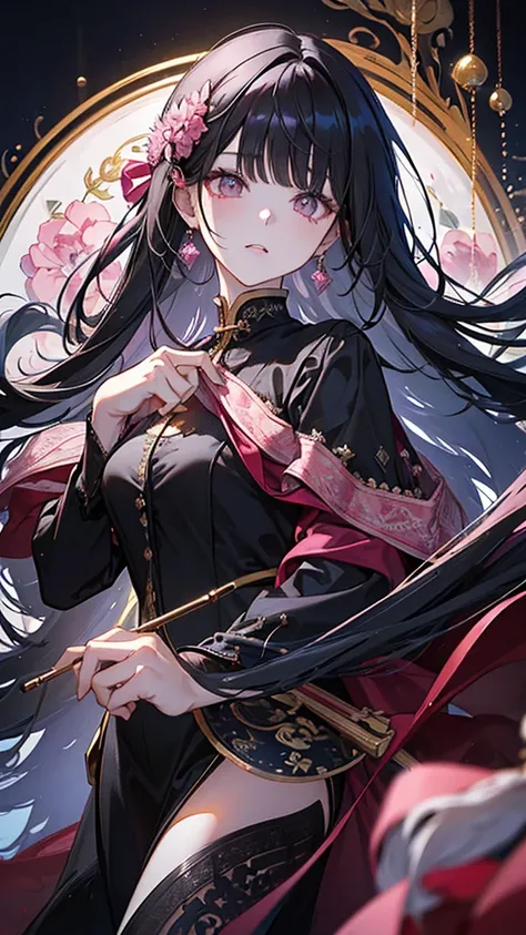 ((Highest quality)), ((masterpiece)), (detailed), Perfect Face、
Her long black hair flowed down to her shoulders.、Fair skin　Bangs　Eating pudding　Pink eyes
