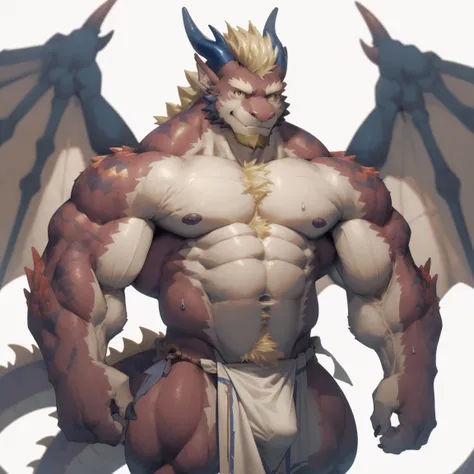 masterpiece，best quality，8k resolution，Very detailed，hairy，((sweat))((Red Dragon Man))，muscle，(((blond)))，Strong，超大muscle，((With a pair of blue horns))， ((Golden Eyes))，portrait，((Shirtless))，((Simple background))，((solitary))，(((red wings)))，(((Loincloth)...