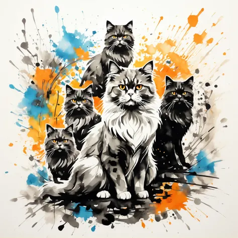 vectorial art, Colorful illustration with many Persian cats, At the center, swirly vibrant colors，graffiti art，ink spatter，Wild and unbridled，rich and colorful，visual impact,Super detailed modern aesthetic,
