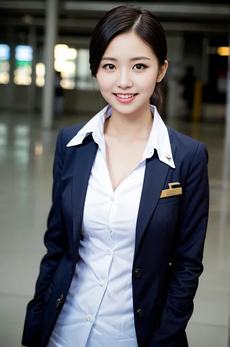 gorgeous woman, age 21, flight attendant uniform, shenzhen airlines flight attendant，natural poses in an abandoned airport, dimp...