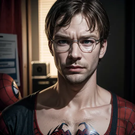 Jeffrey Dahmer super realistic serial killer wearing the costume of the fictional hero Spider-Man 