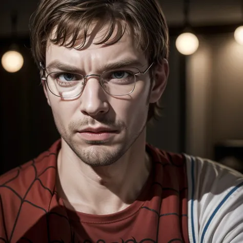 Jeffrey Dahmer super realistic serial killer wearing the costume of the fictional hero Spider-Man 