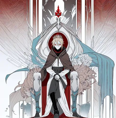 Tall, tannish, male, equipped with battle suit, covered by aqua cloak, blonde hair in manbun, red eyes, handsome, hood covering face, sitting on throne, with a sleek crown on, closed eyes with a sigh, masculine.