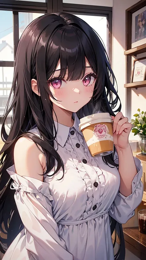 ((Highest quality)), ((masterpiece)), (detailed), Perfect Face、
Her long black hair flowed down to her shoulders.、Fair skin　Bangs　Eating pudding　Pink eyes　Coffee shop
