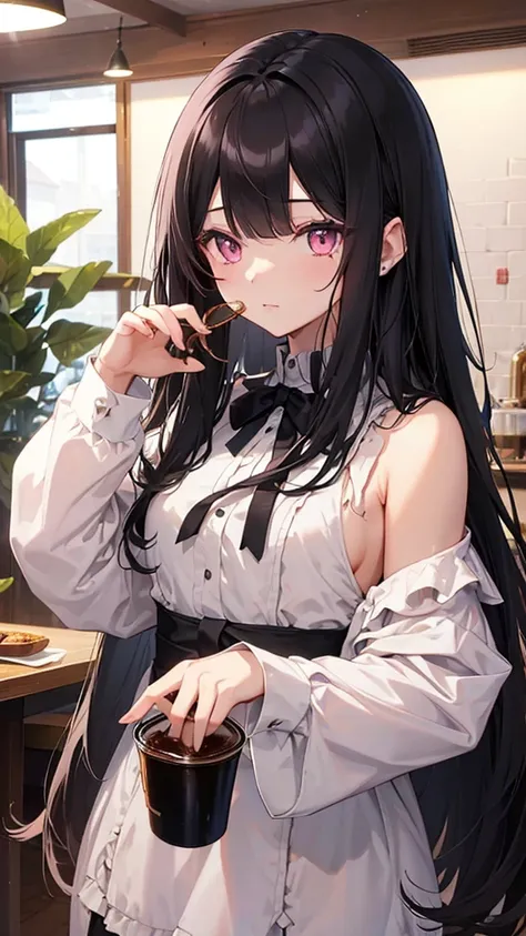 ((Highest quality)), ((masterpiece)), (detailed), Perfect Face、
Her long black hair flowed down to her shoulders.、Fair skin　Bangs　Eating pudding　Pink eyes　Coffee shop
