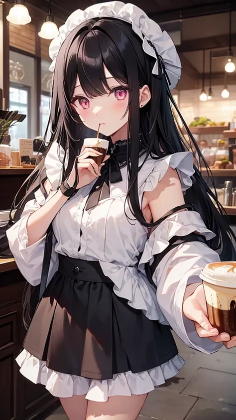 ((Highest quality)), ((masterpiece)), (detailed), Perfect Face、
Her long black hair flowed down to her shoulders.、Fair skin　Bangs　Eating pudding　Pink eyes　Coffee shop
