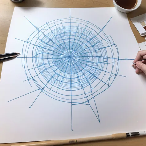 create Drawing of a complex geometric pattern on a sheet of paper. The drawing is made up of several thin lines drawn with a blue pen., forming a set of interconnected hexagons and triangles, creating a net or web effect. Each intersection of the lines has...