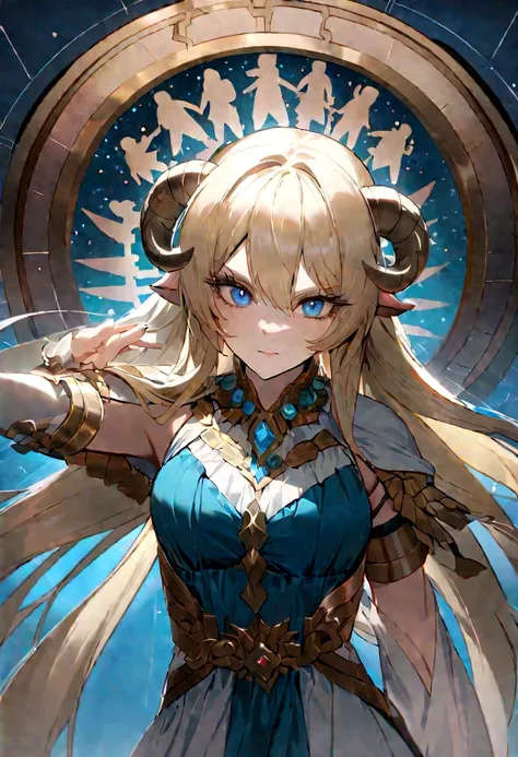 （Huang Li、high quality、Extremely detailed），Constellation - Goddess Capricorn，Giant wild sheep，Woman petting wild sheep，Similar to Latin goodness，brave，capricious，Productivity，The face of enterprising and humanitarianism，Blonde short hair，Ancient Greek cost...