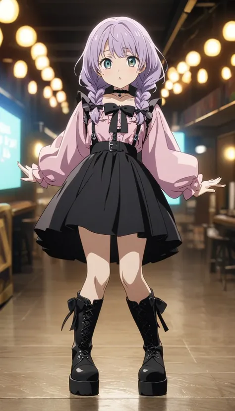 (a girl with closs hair pin,pale purple hair,wavy two braids,bluntbangs hair,green and black eyes,
pink shirt,cosplay, jirai kei, bangs, black skirt, black bow, looking at viewer, bow, long sleeves, choker, ribbon,pink lips,Thick-soled boots,fullbody shot ...