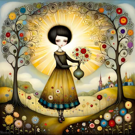 patchwork by klimt, nicoletta ceccoli, naoto hattori, lawrence didier, leonora carrington of european woman with short black hai...