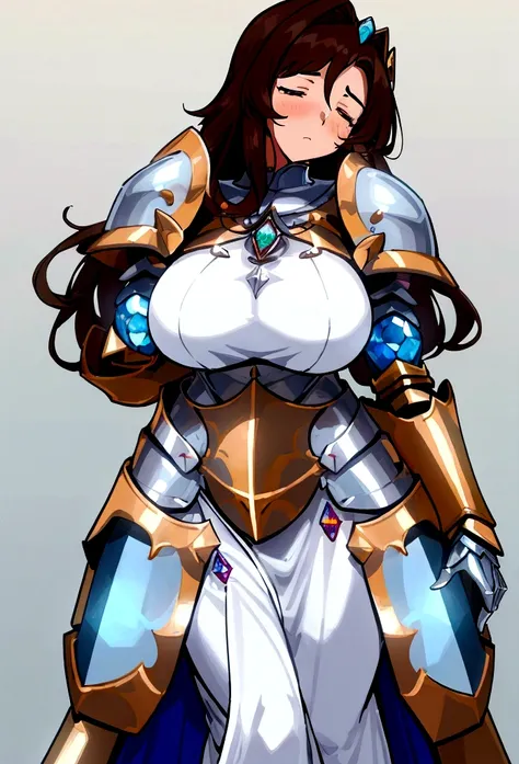 ((Masterpiece, 8k, High quality)), (big breasts, hips wide open), ((brown hair)), ((eyes colour blue gem)), ((Silver armor)), (((sleepy white dress))), (1 woman),  cute, (((Paladin))),