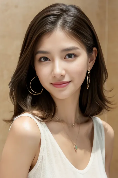 ​masterpiece, top-quality, 19 year old girl, Aquamarine eyes, Light brown highlight hair, layers-Cut、little smiling, a necklace、Pendants, Simple and monotone background, hoop earings, jewely, looking at the viewers, doress, shorth hair, solo, The upper par...