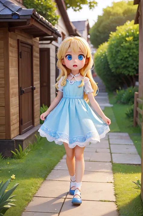 a who is six years old, with long golden hair and two large beautiful blue eyes with a white night dress, amazed expression, she has lots of sparkles in her eyes, in the company of pixies blonde hair and short hair, she walk out from house, in the place fa...