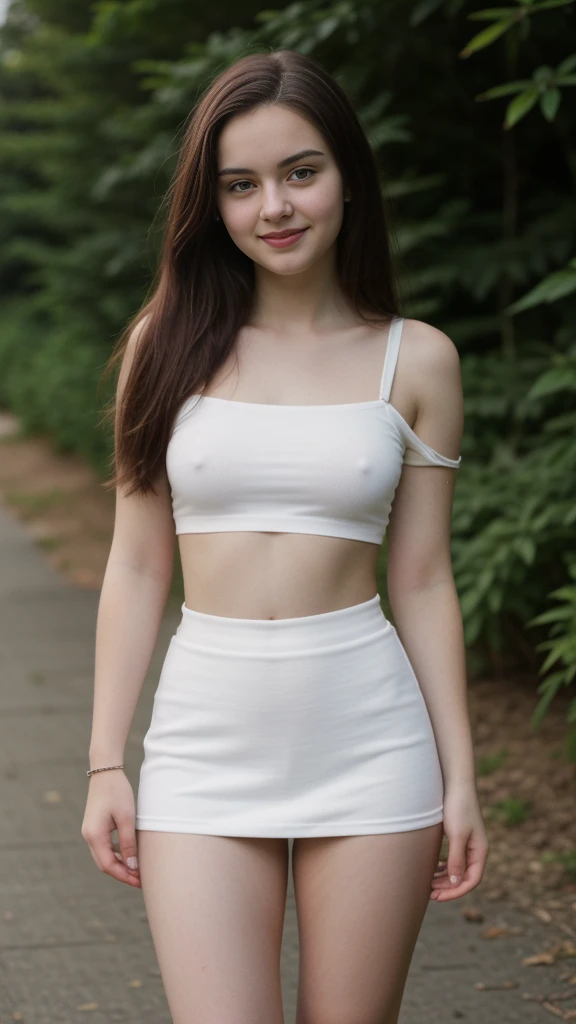 RAW photo, photo of overweight 15 year old teen, (long brunette hair), (tight skirt), (red off shoulder top), standing outdoors, pale white skin, thick thighs, freckles, blemishes, lipstick, ((short height, broad shoulders, ((wide hips and waist)), ((chubb...