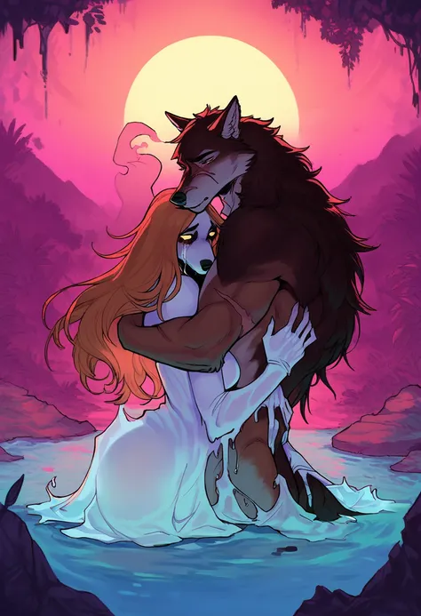 score_9, score_8_up, score_7_up, (fox, anthro, female, ((dark brown fur)), long hair, flowing hair), ((male, male ghost, wolf ghost, a wolf soul:1.35), anthro, male, ghost skin, scars), couple, hugging, embracing, waterfall, mountain, jungle, sunset, bathi...