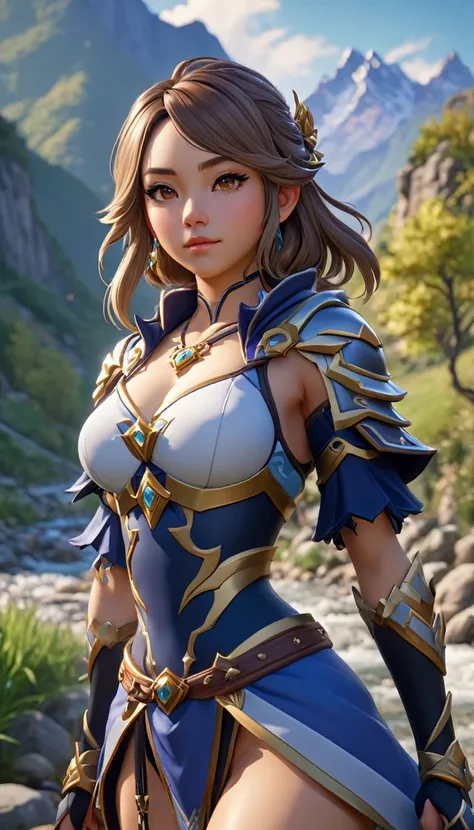 Full-body-shot 1 girl, pretty face, Mona from Genshin Impact, realistic skin, perfect anatomy, full body, mountains with high peaks in the background with a river in the valley, cinematic lighting, UHD, masterpiece, anatomically correct, high details, high...