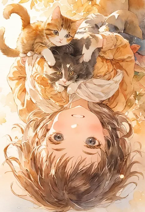 1Girl, 1cat, Detailed and clear watercolor painting. A girl is smiling widely and pointing above her head. A kitten is perched on top of the girls head with its arms and legs hanging down. The cat also seems relaxed. Very beautiful anime illustration with ...