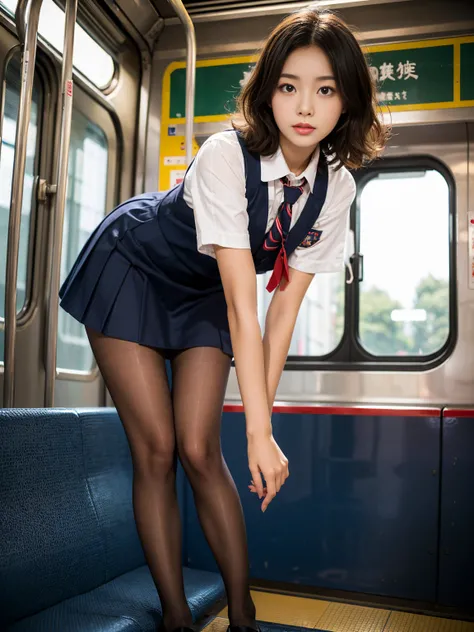 (Tabletop, Highest quality, Very detailed), One Girl, Purple eyes, Blonde, Dark Skin, short hair、Perm Hair、((Japanese School Uniform))、((pantyhose))、(in the train)、(mini skirt)、Black panties