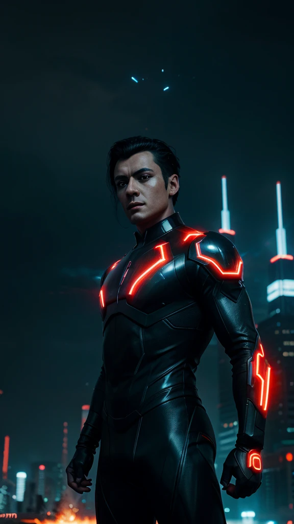 gloomy portrait of ironmy as Tron from Marvel, front view, right side body is red, left side body is black extremely detailed, futuristic cityscape, nighttime, glowing neon lights, fire, sparks, explosion, metal shavings, battle scar, flying debris, blue e...