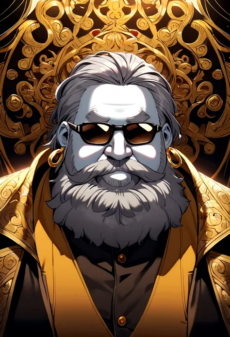 chubby man with gelled grey hair, short hair, white skin, black sunglasses, beard, gold earrings, yellow-brown vest