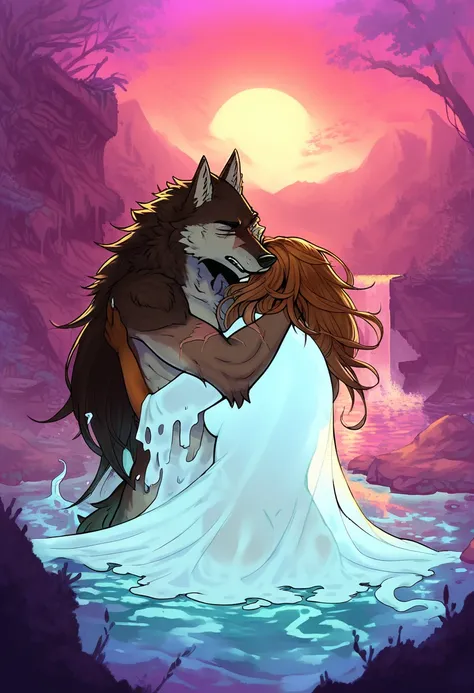 score_9, score_8_up, score_7_up, (fox, anthro, female, ((dark brown fur)), long hair, flowing hair), ((male, transparent, male ghost, wolf ghost, a wolf soul:1.35), anthro, male, transparent ghost skin, , scars), couple, hugging, embracing, waterfall, moun...