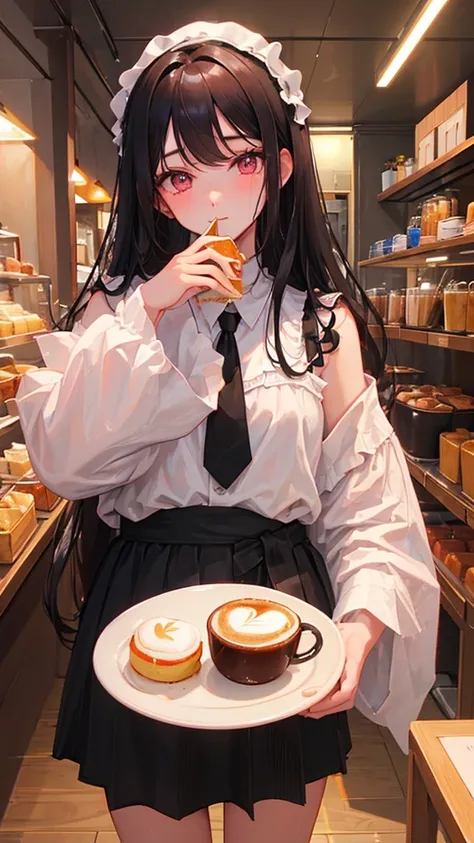 ((Highest quality)), ((masterpiece)), (detailed), Perfect Face、
Her long black hair flowed down to her shoulders.、Fair skin　Bangs　Eating pudding　Pink eyes　Coffee shop
