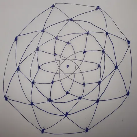 create Drawing of a complex geometric pattern on a sheet of paper. The drawing is made up of several thin lines drawn with a blue pen., forming a set of interconnected hexagons and triangles, creating a net or web effect. Each intersection of the lines has...