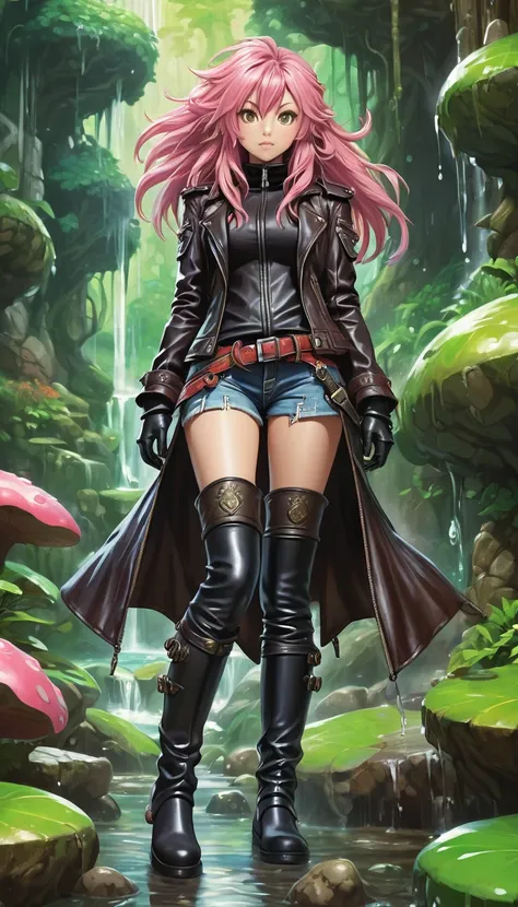 Very detailed photograph full-body-shot  of an adult woman, leather jacket , thigh boots, extremely detailed face, (very detailed hair), slimes, (secret of mana), (mushoku tensei merged with dungeons and dragons), JRPG, art by MSchiffer, pixiv, konachan, h...