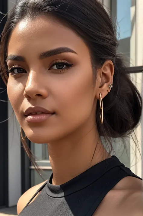 A close up of a woman with a black top and earrings, Uzzlang