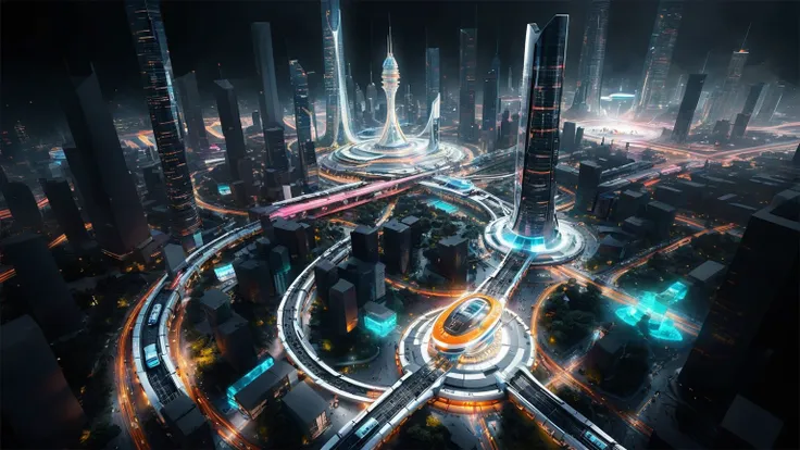 brightly colored abstract aerial view image of a futuristic railway station with a spiral, a (((((futuristic all-glass train))))...